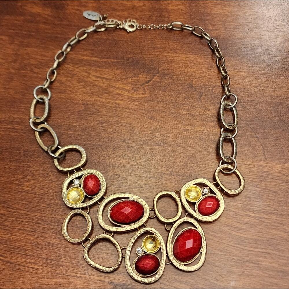 SINCERELY Jules red and gold‎ jeweled collar bibb statement necklace